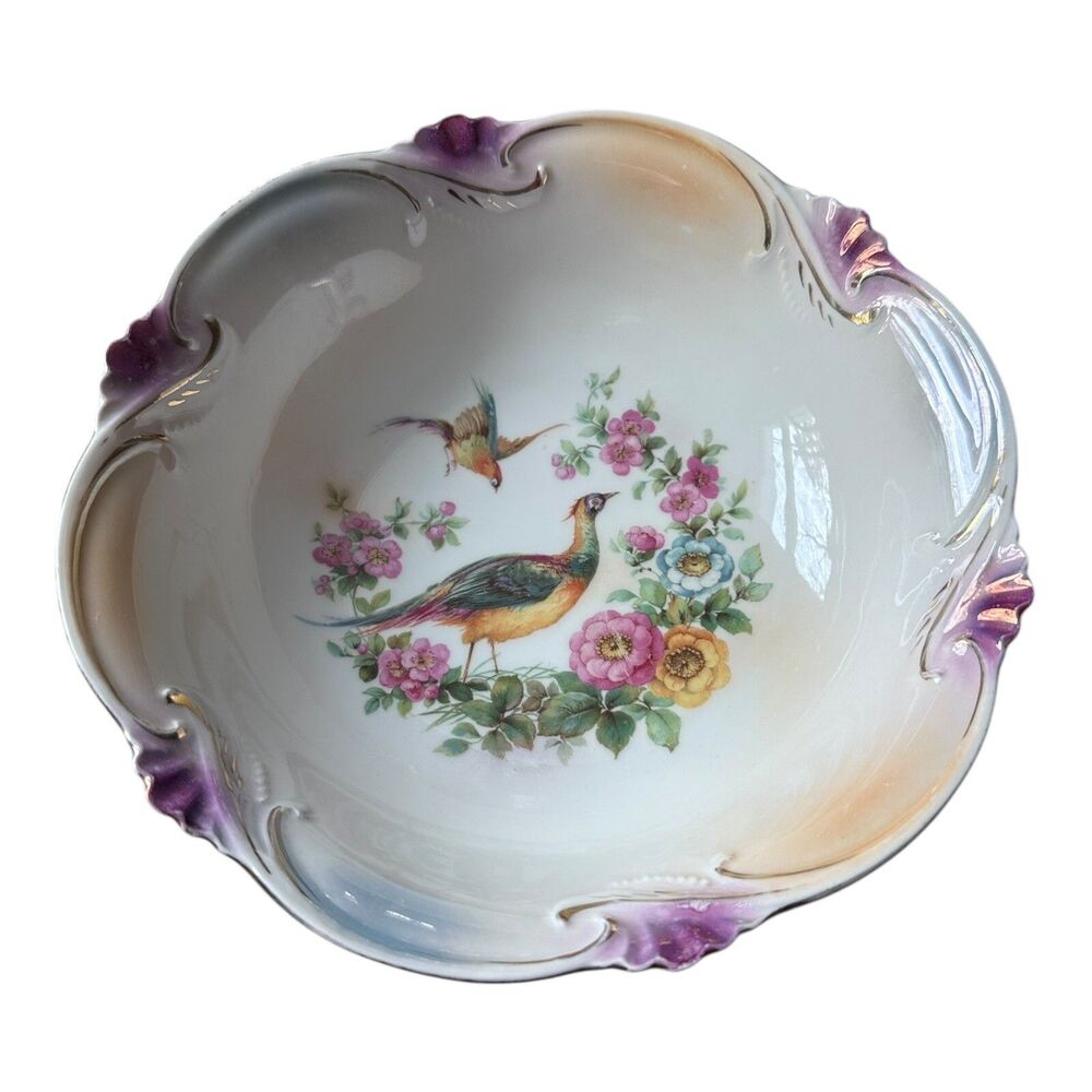 Vintage Floral Porcelain Serving Bowl Pheasants Scalloped Edge Made in Germany
